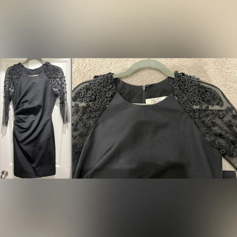 HOT Lela Rose Embellished Beaded Mesh Sleeve Ruched Sheath Black Dress $1695+! - Picture 9 of 12